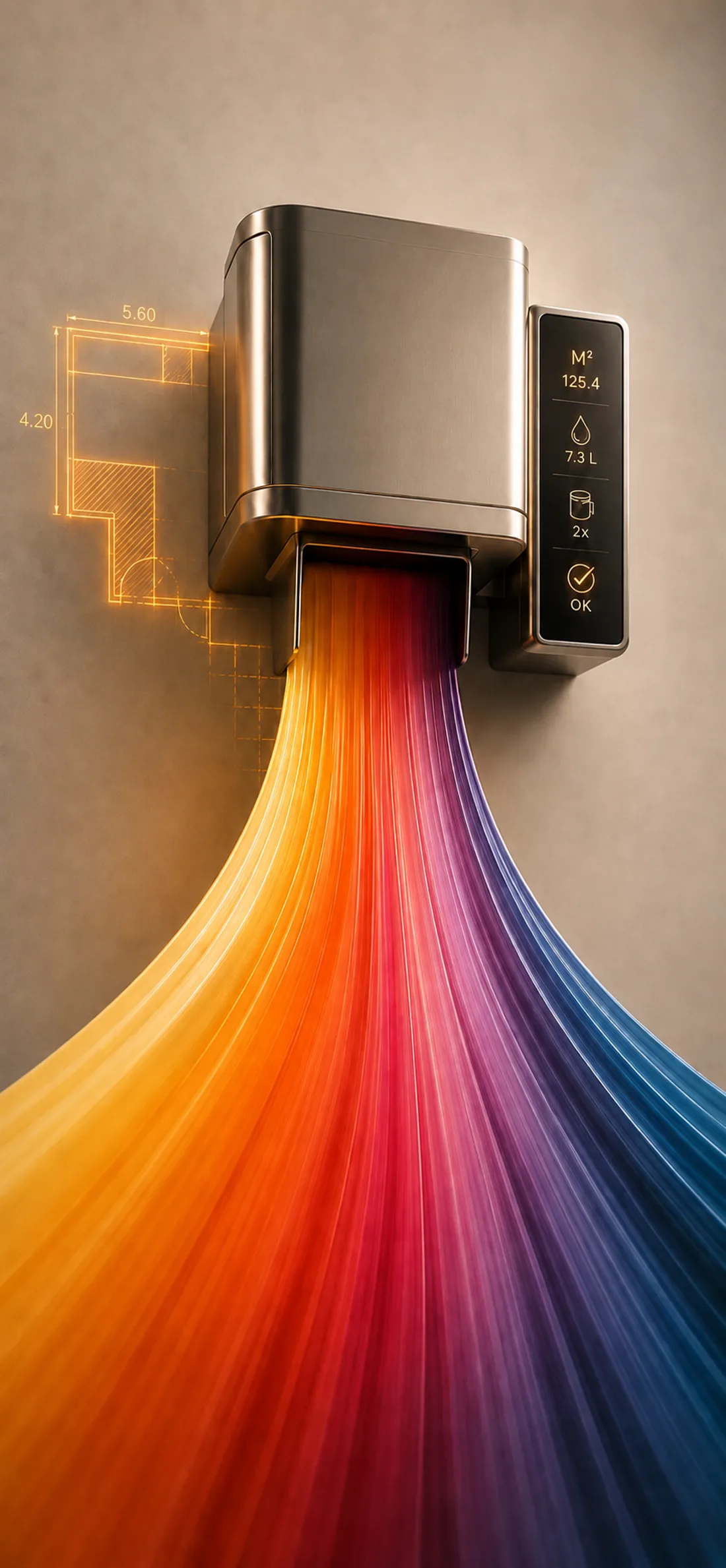 Een metalen apparaat aan een muur waar een brede stroom regenboogkleurige verf uit loopt. Links een gouden plattegrond met de maten 5,60 en 4,20; rechts een schermpje met 125,4 m², 7,3 liter, twee blikken en een vinkje.