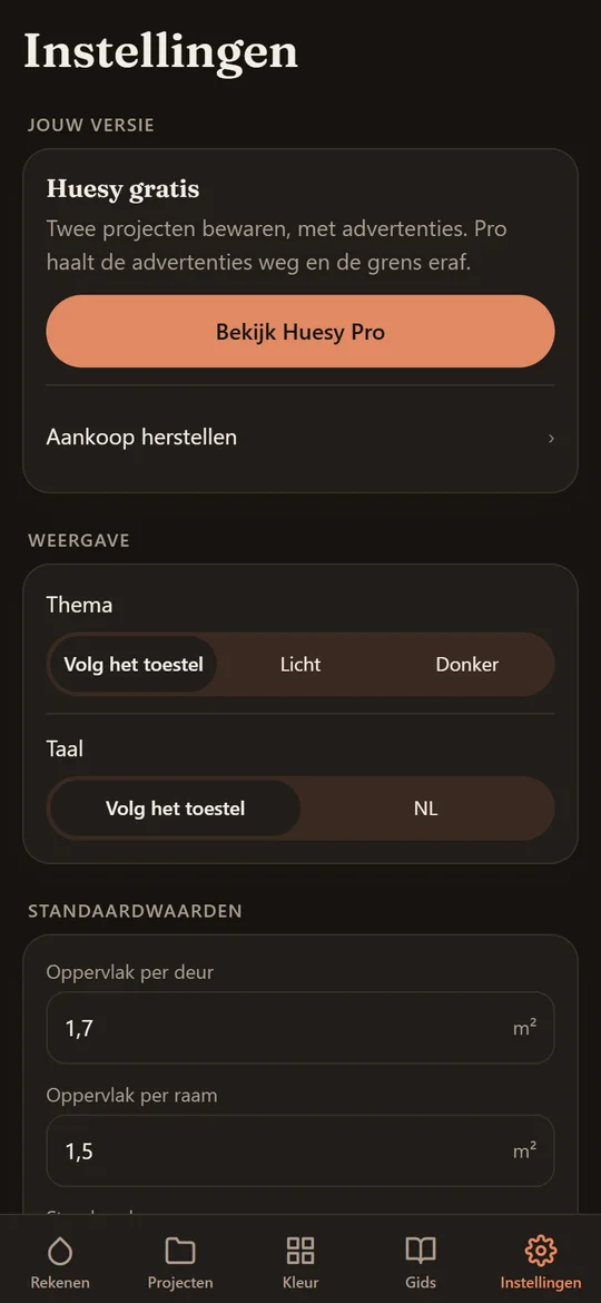 Het instellingenscherm met bovenaan welke versie je hebt, daaronder thema en taal.