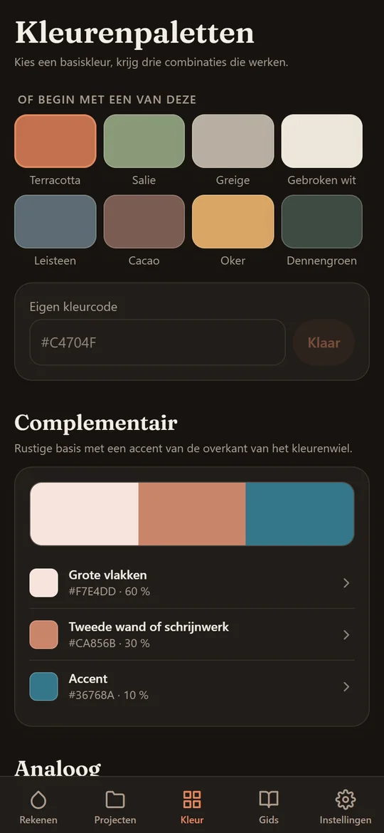Het kleurenscherm met een raster kleurstalen en daaronder een complementair palet met de verdeling in procenten.