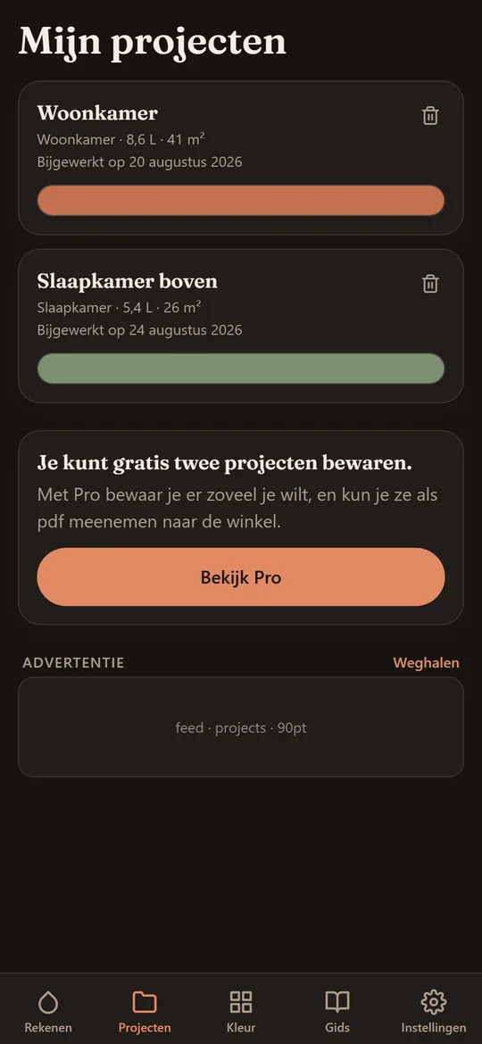 De projectenlijst met twee bewaarde kamers, met hun oppervlak en het aantal liters.