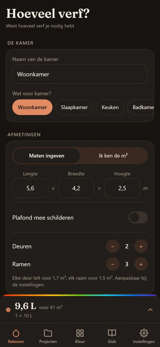 Het rekenscherm: naam van de kamer, kamertype, en de maten lengte, breedte en hoogte op één rij.